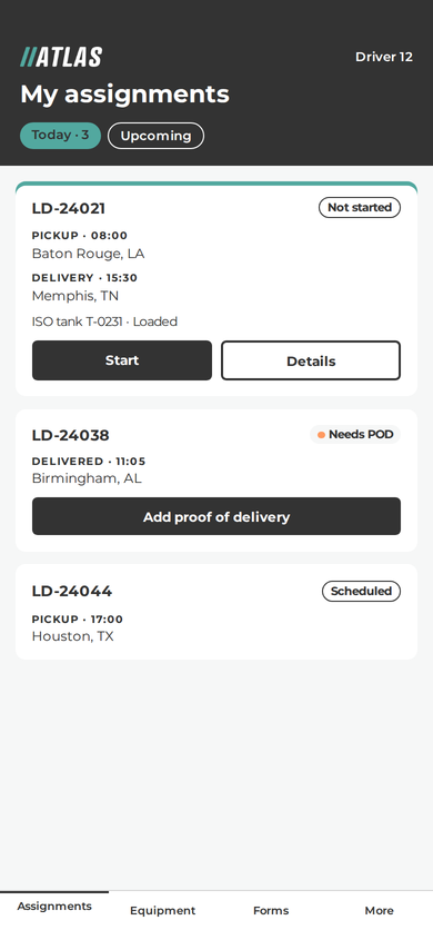 Illustrative Atlas driver app showing today's assignments with pickup and delivery locations, status, and actions to start a move or add proof of delivery.