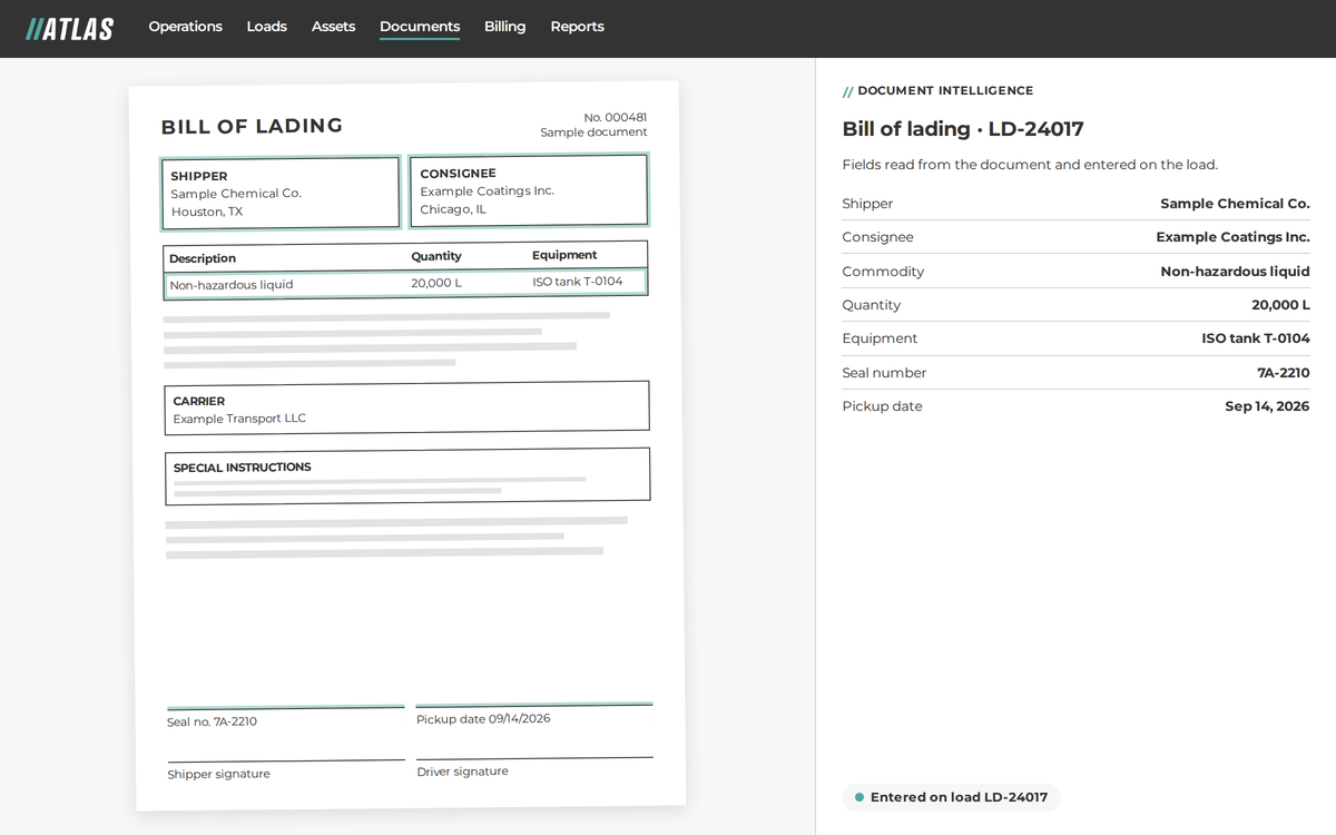 Illustrative Atlas Document Intelligence screen: a scanned bill of lading on the left and the fields read from it on the right, entered on the load.